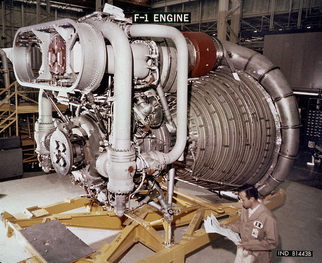 F-1 engine for the Saturn V first stage dwarfing a technician