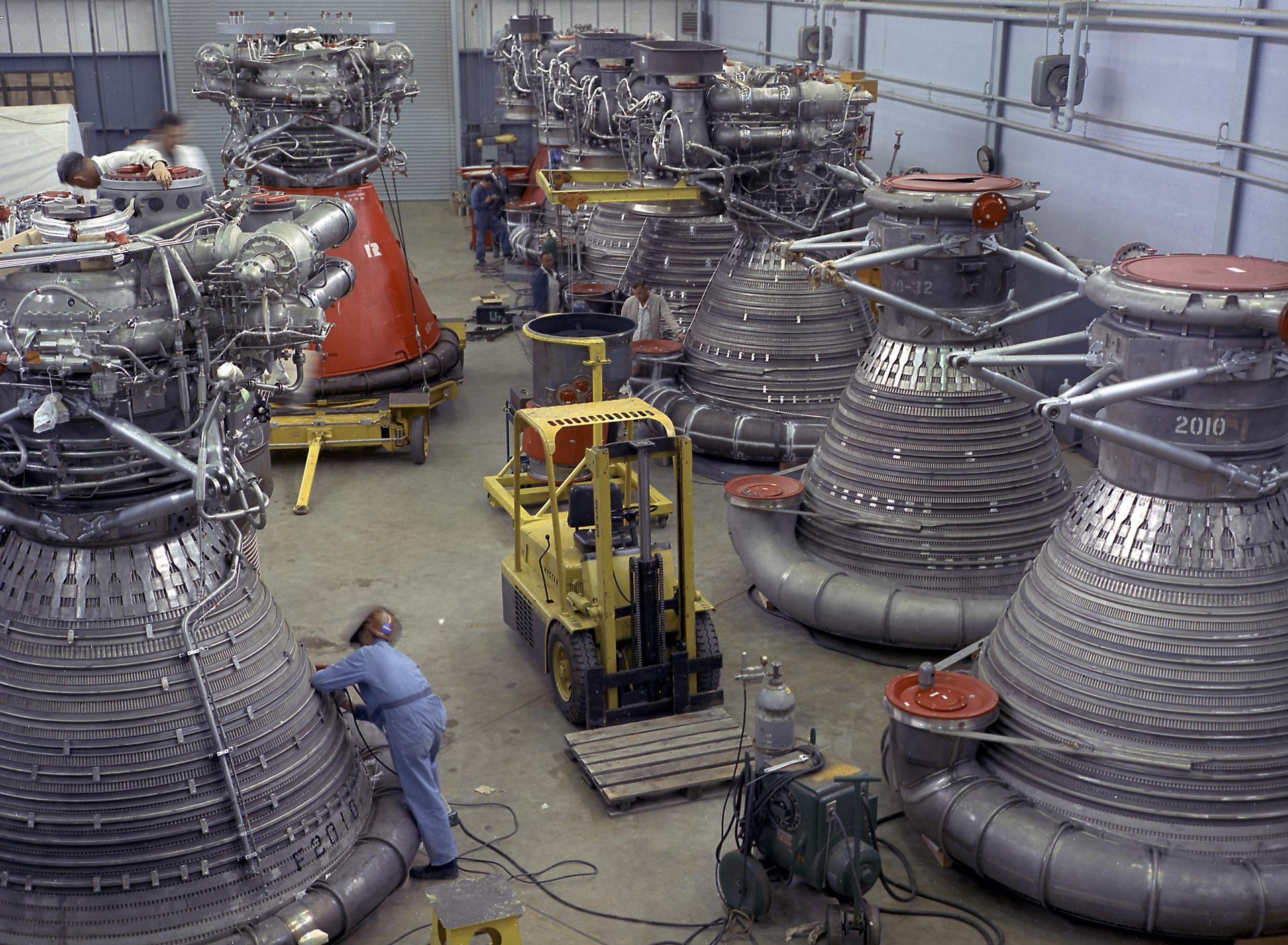 F-1 engines stored in the F-1 Engine Preparation Shop at Marshall Space Flight Center