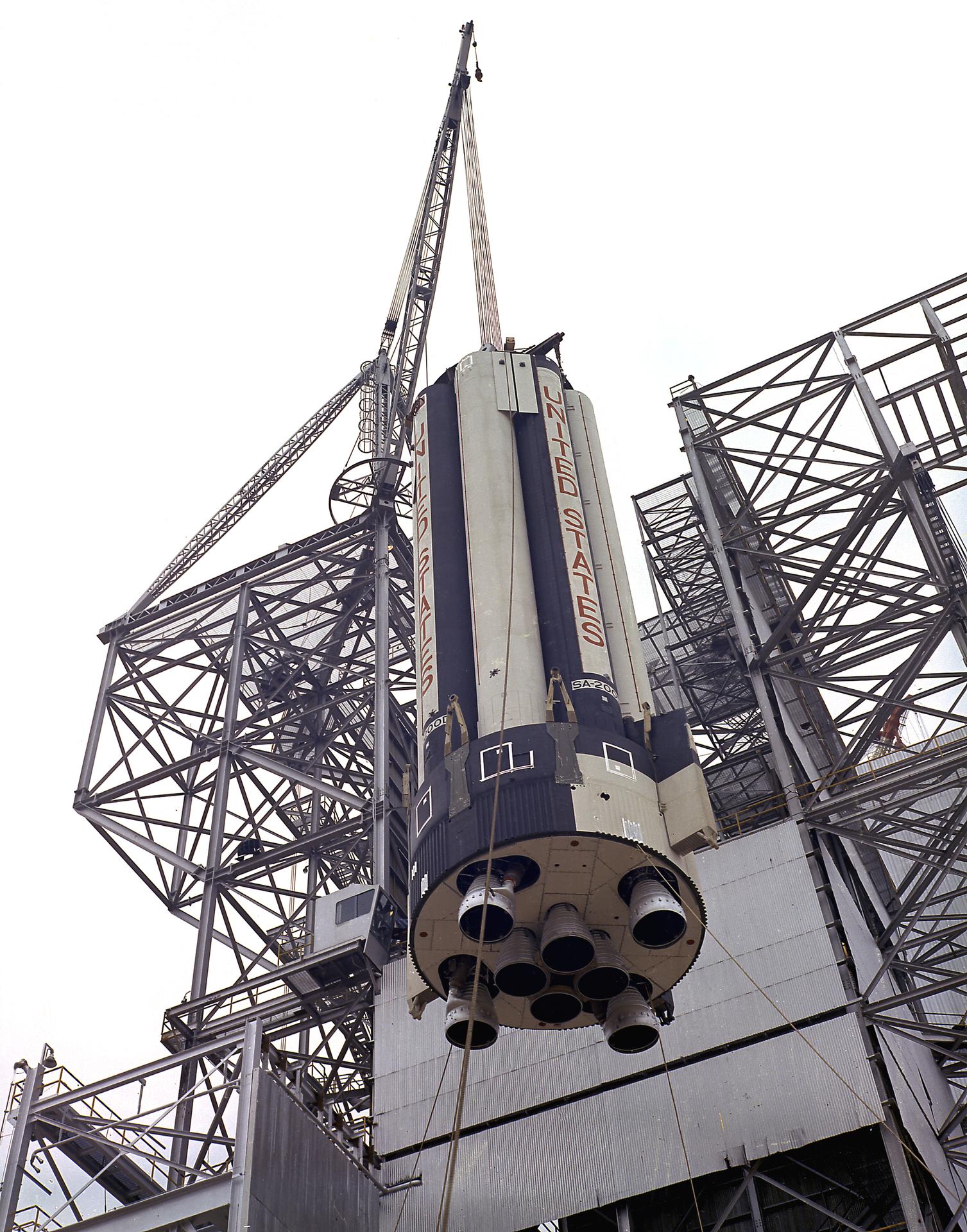 Installing the S-IB-200D stage in the Marshall Dynamic Test Stand