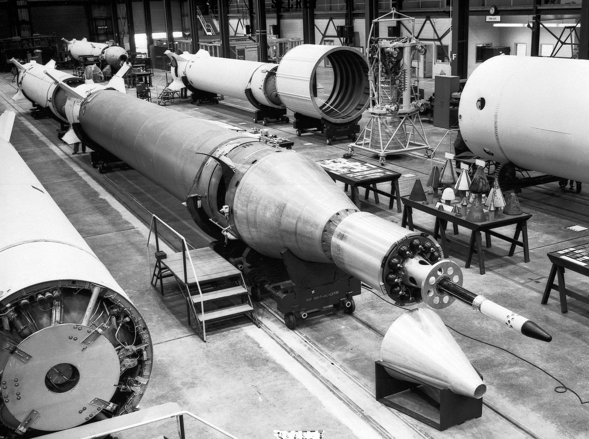 Jupiter-C Missile No. 27 under assembly at the Army Ballistic Missile Agency