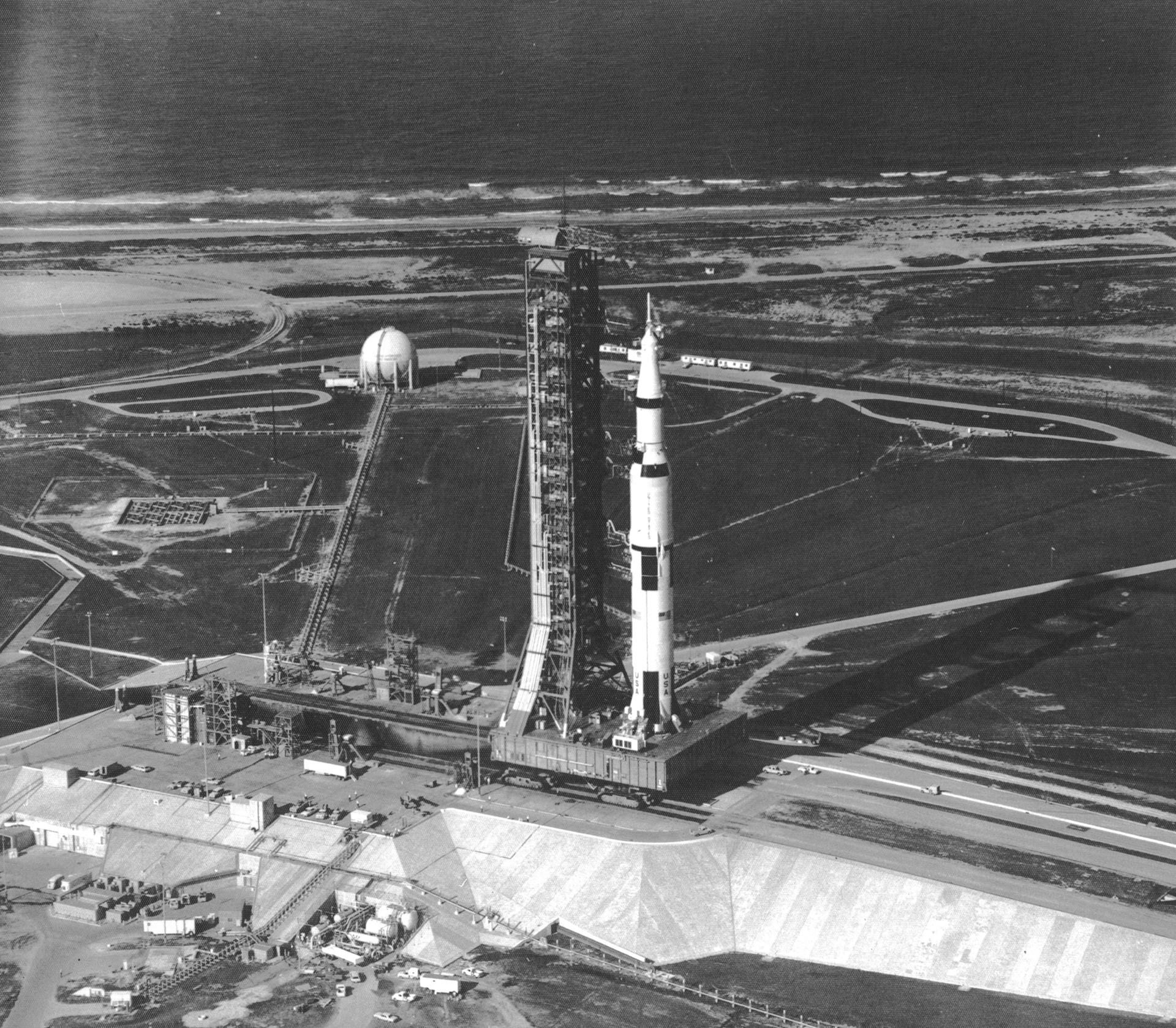 Saturn V AS-506 arrives at Launch Complex 39 pad A, 20 May 1969
