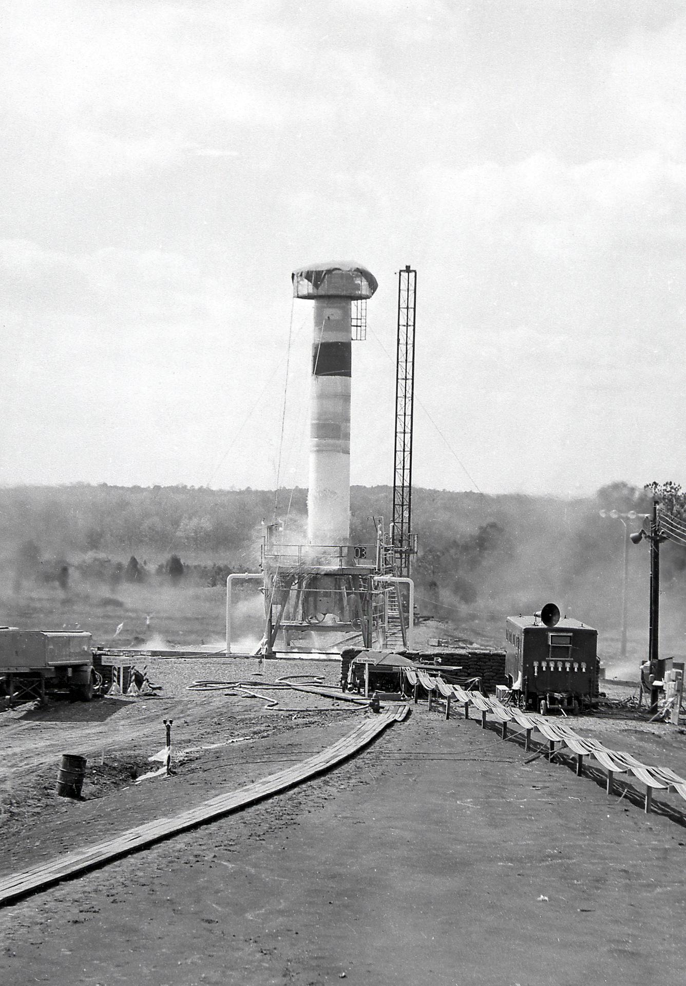 Test firing of a Redstone missile at the Redstone Test Stand