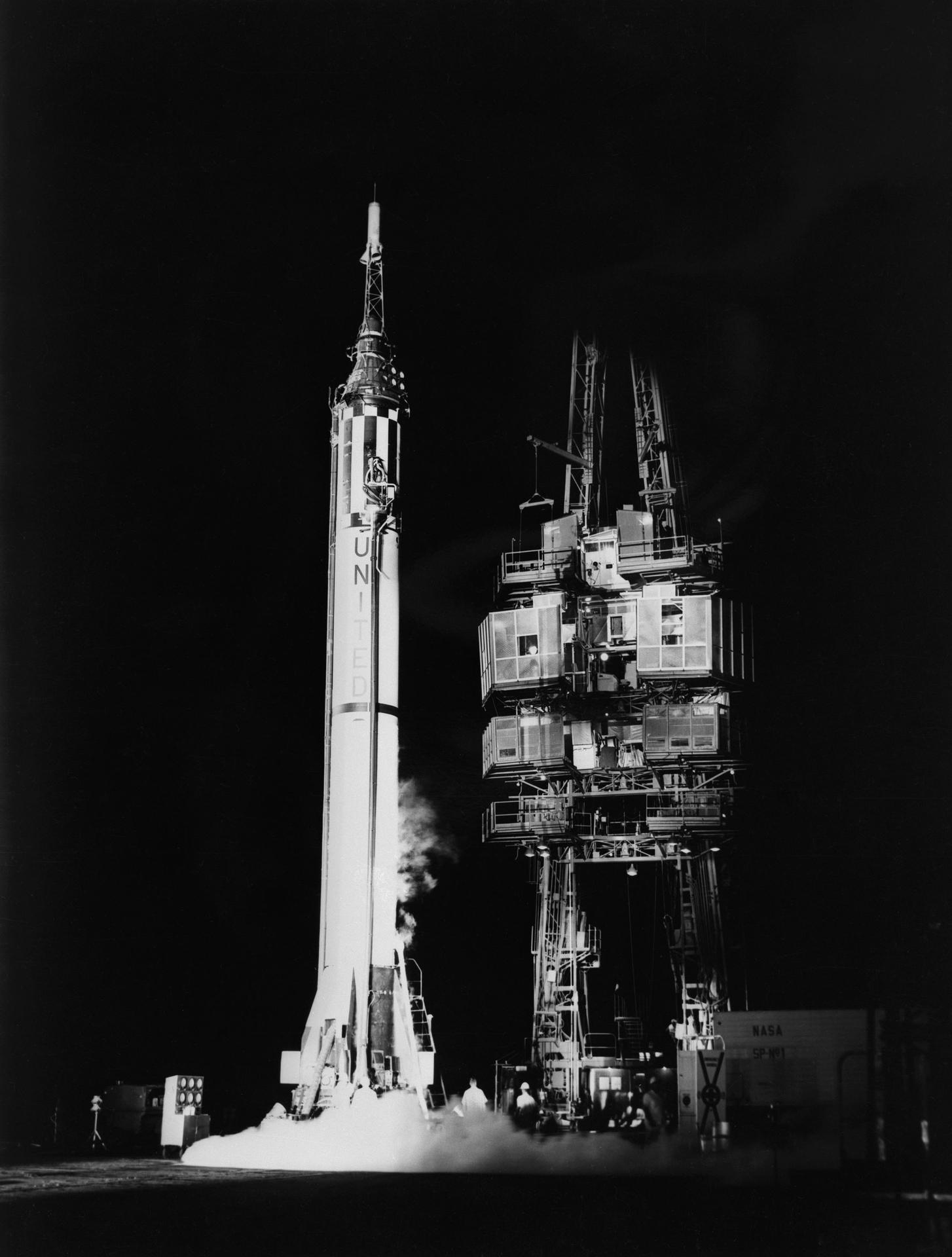 The Mercury-Redstone 3 vehicle standing alone on the launch pad