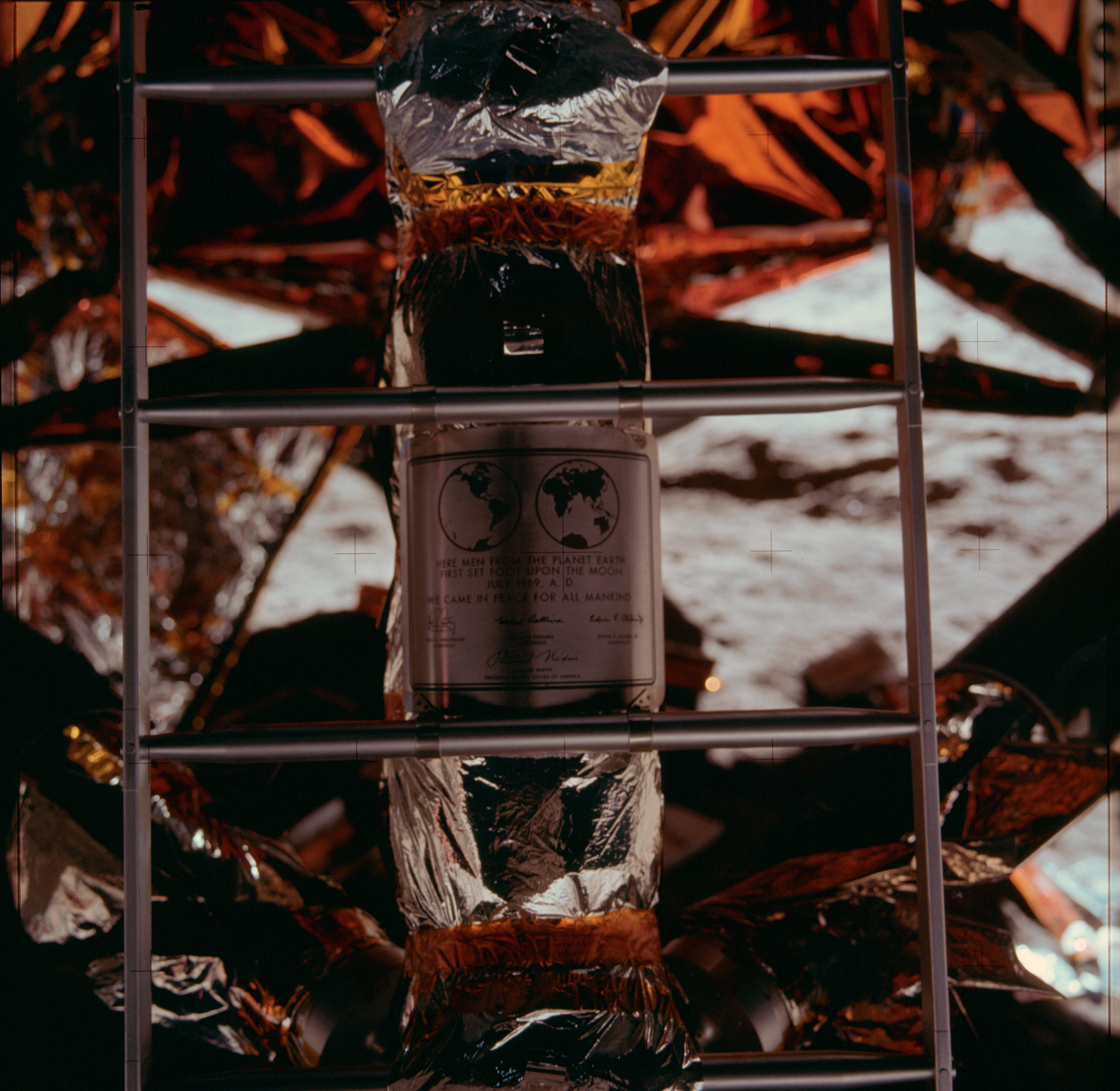 The plaque left on the Moon by the Apollo 11 crew