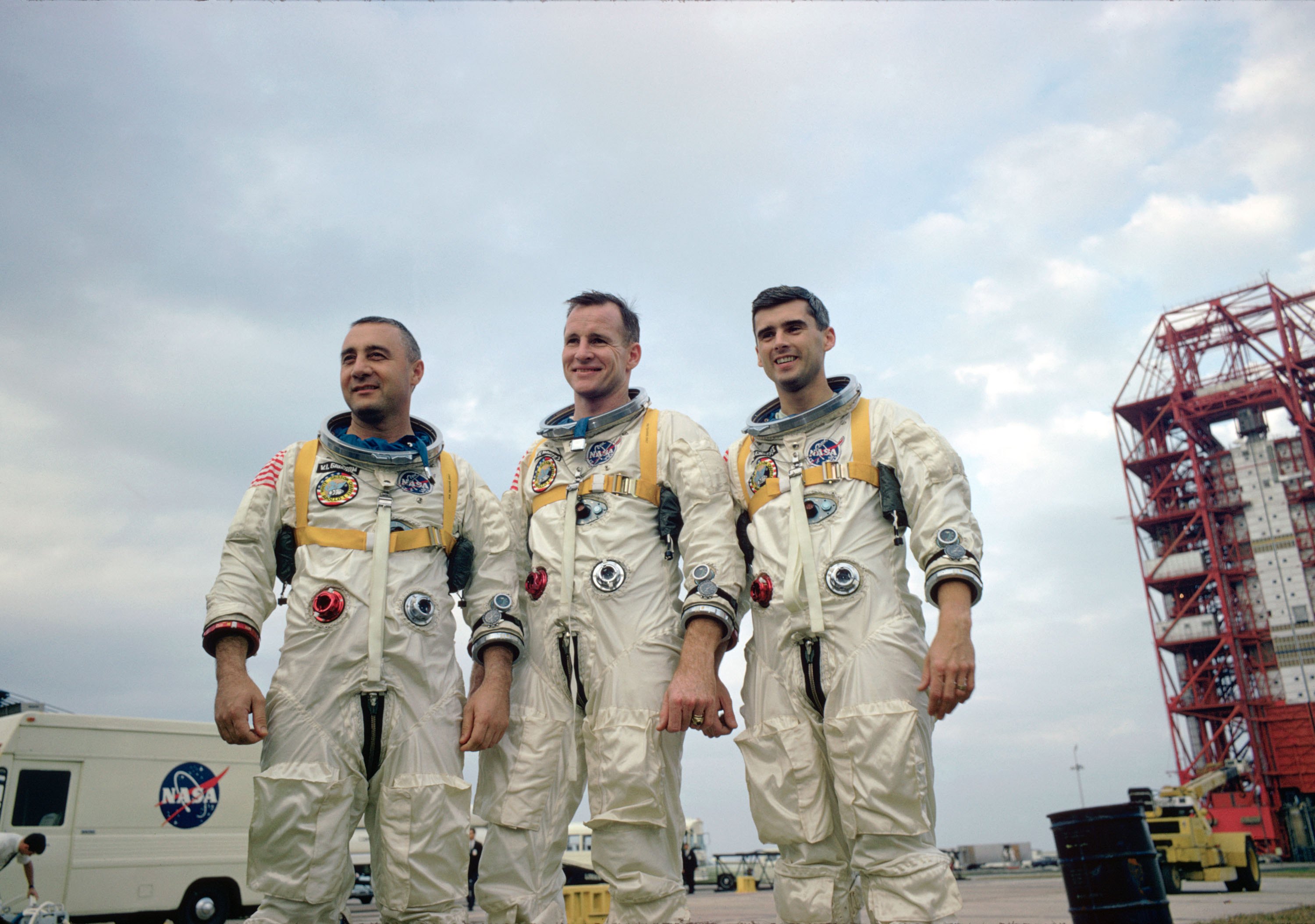 Prime crew in spacesuits at the Launch Complex