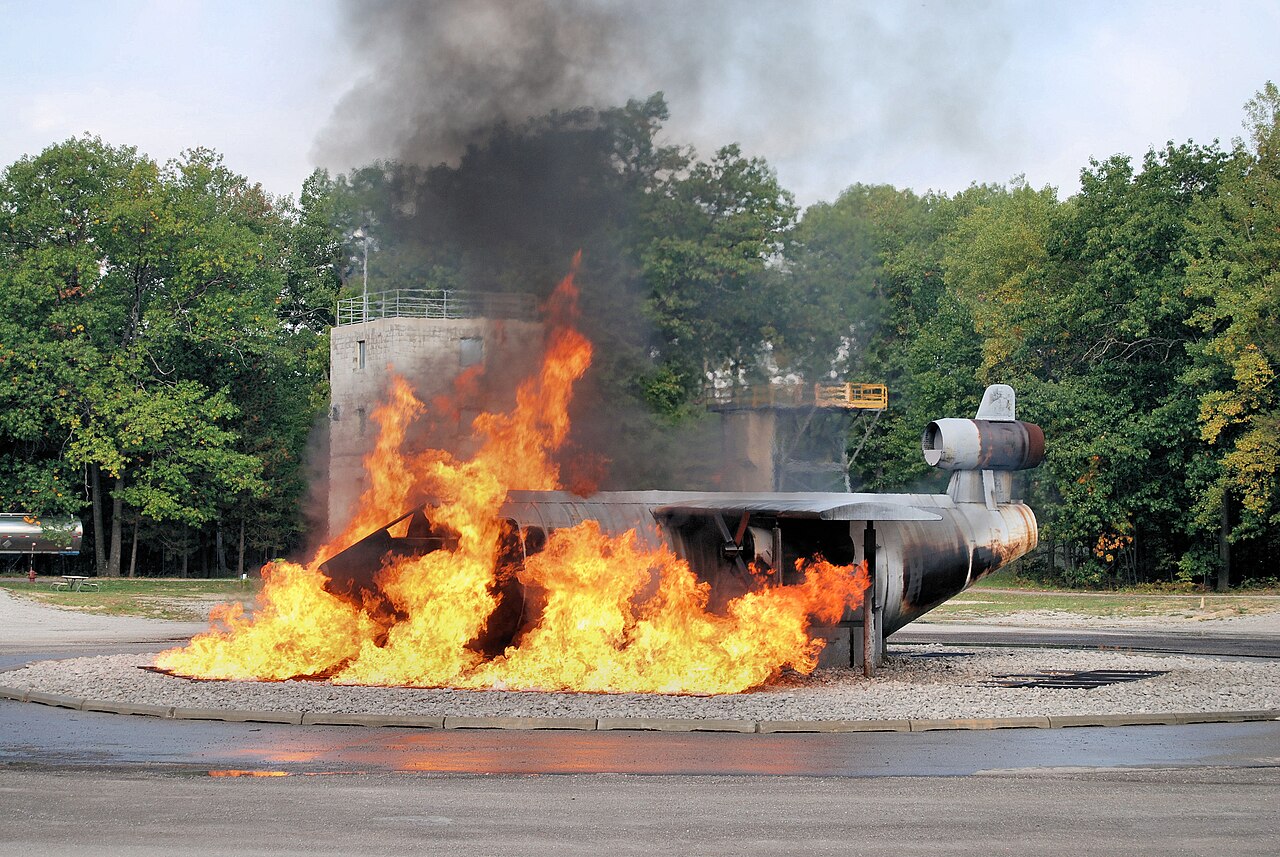 Aircraft fire simulator used for firefighter training.
