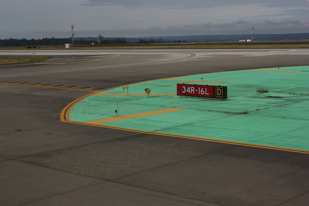 Taxiway signage with a runway holding position marker.