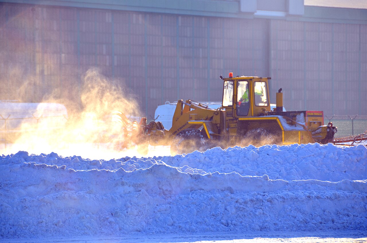 Winter operations at a snow-covered airport.