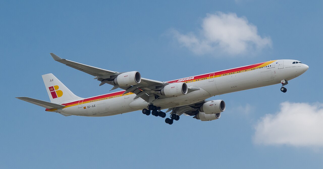 Iberia Airbus A340-600 in flight.