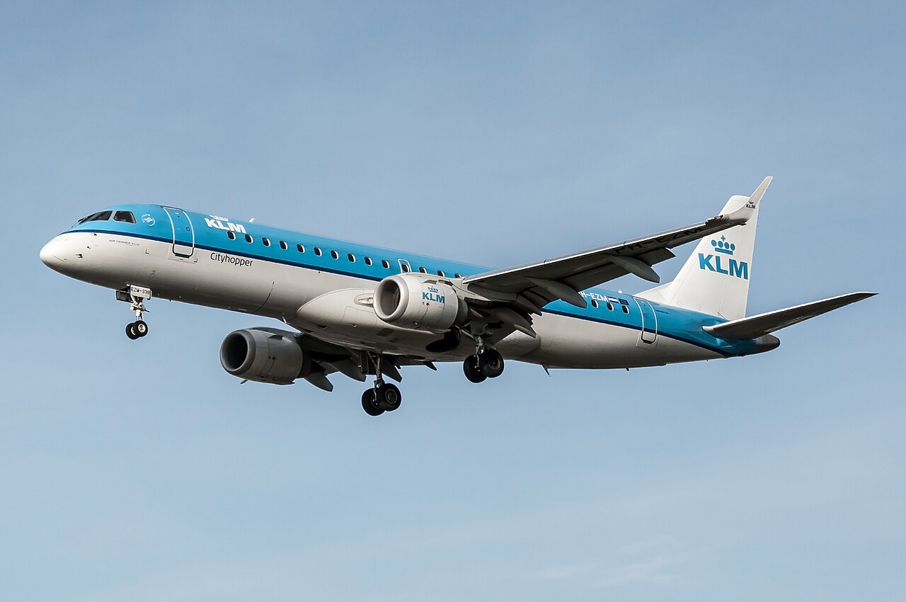 KLM Cityhopper Embraer 190 landing at London Heathrow Airport.