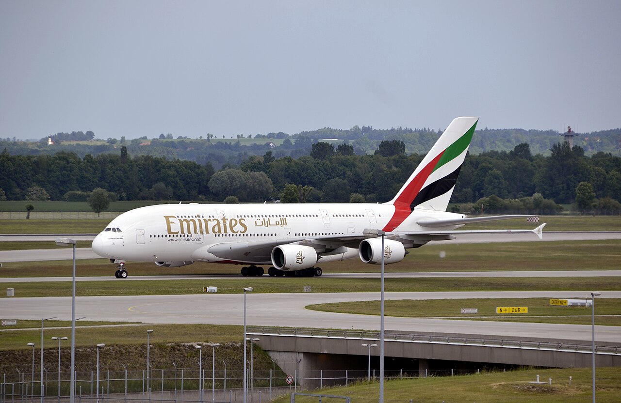 Emirates Airbus A380 on the runway at Munich Airport.