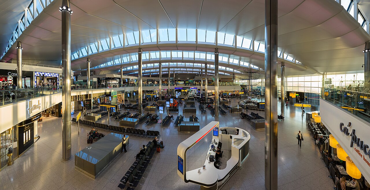 Central departures hall of Terminal 2 at London Heathrow Airport.