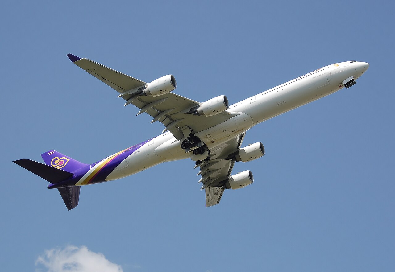 Thai Airways Airbus A340-600 taking off from London Heathrow Airport.