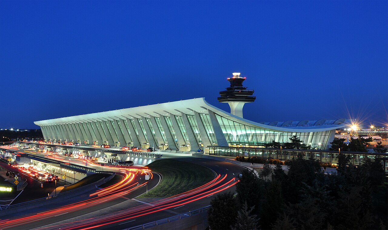 Main terminal of Washington Dulles International Airport at dusk.