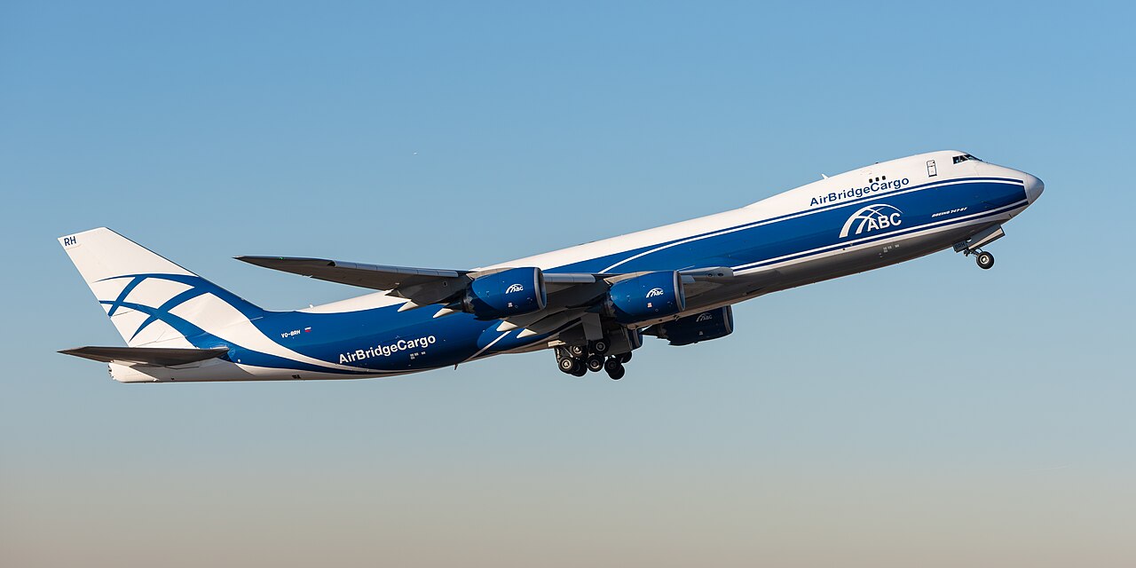 AirBridgeCargo Boeing 747-8 freighter taking off from Munich Airport.