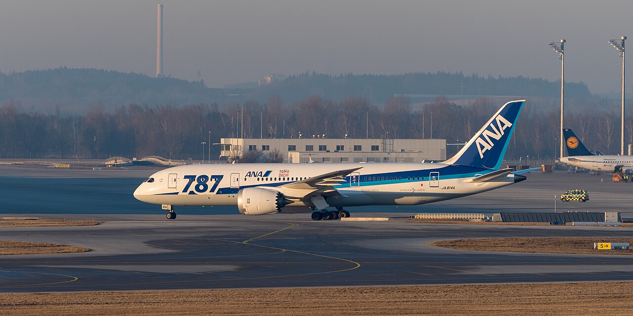 All Nippon Airways Boeing 787-8 Dreamliner at Munich Airport.