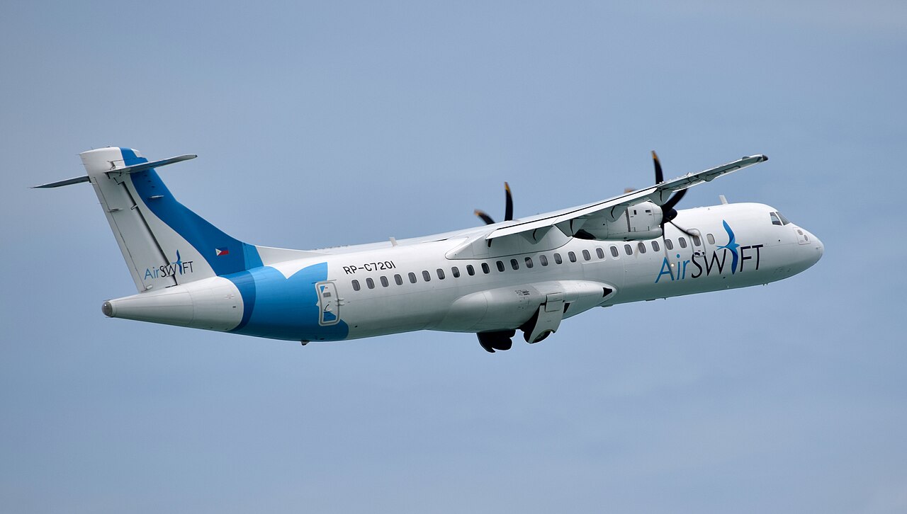 AirSWIFT ATR 72-600 turboprop taking off in Palawan, the Philippines.