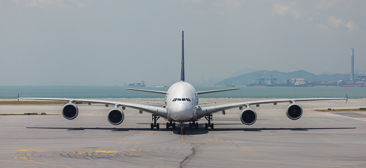 Singapore Airlines Airbus A380 on the apron at Hong Kong Airport.