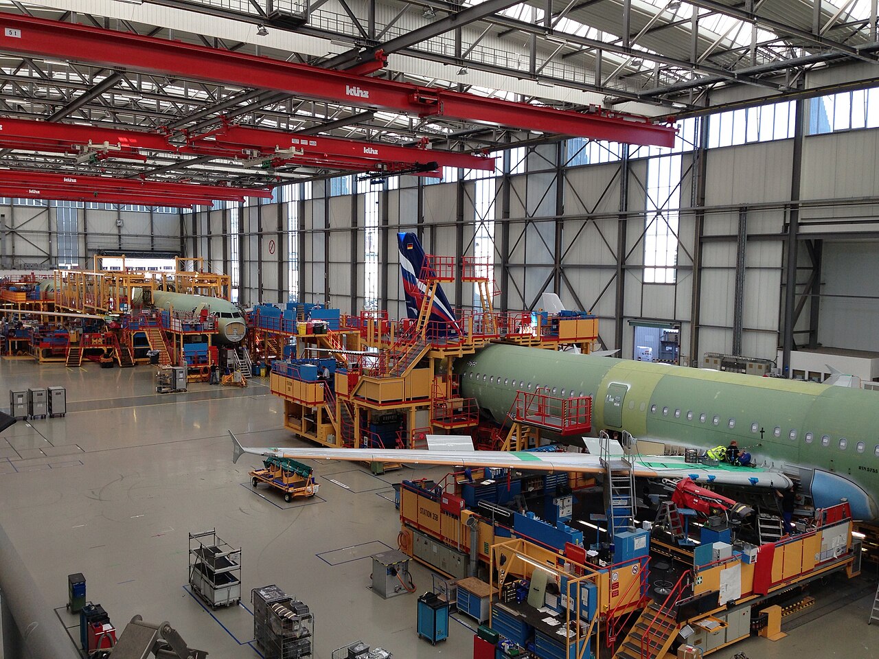 Airbus A321 fuselages lined up on the final assembly line at the Hamburg plant.