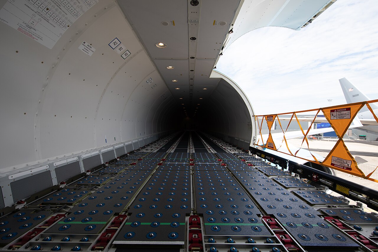 Freighter aircraft on static display at an international air show.