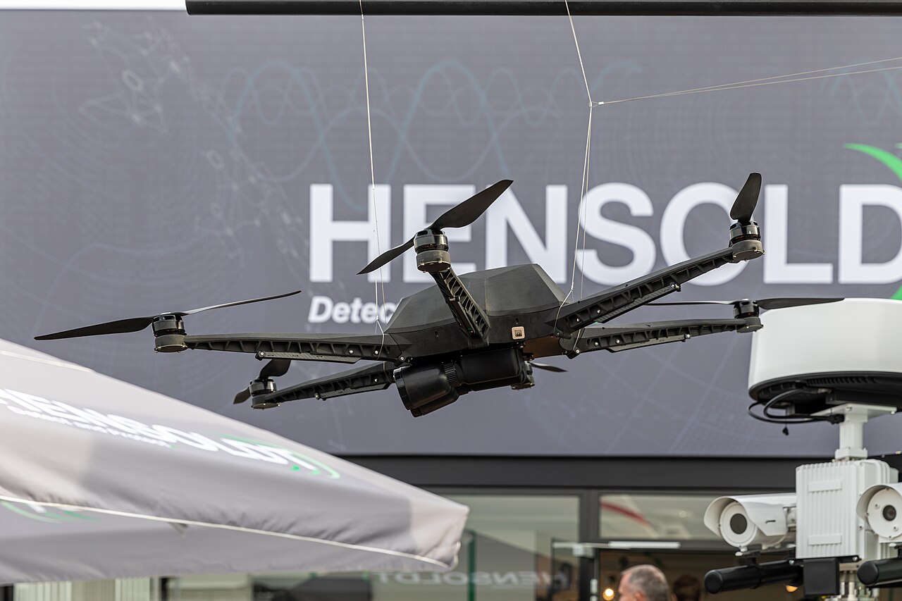Hexacopter drone on show at a company stand at an air show.