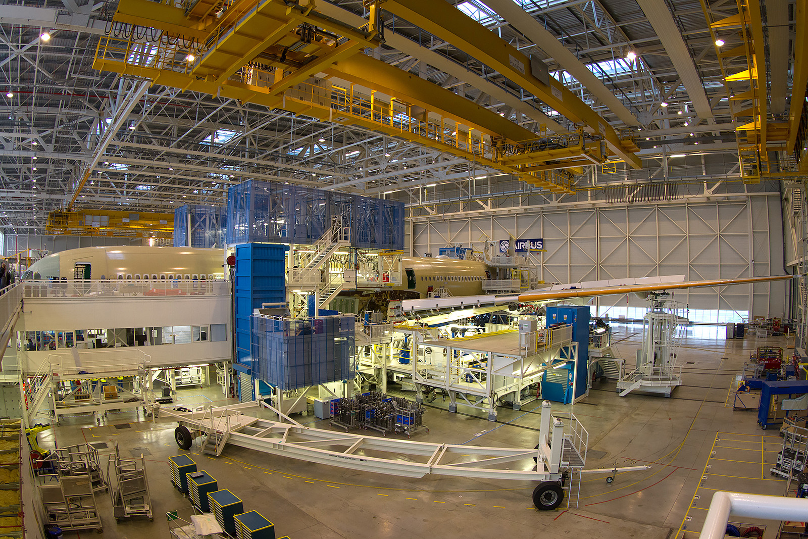 Unpainted Airbus A350-900 on the assembly line in Toulouse.