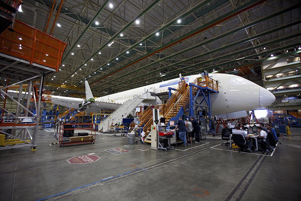 Boeing 787 on the final assembly line at the Everett factory.