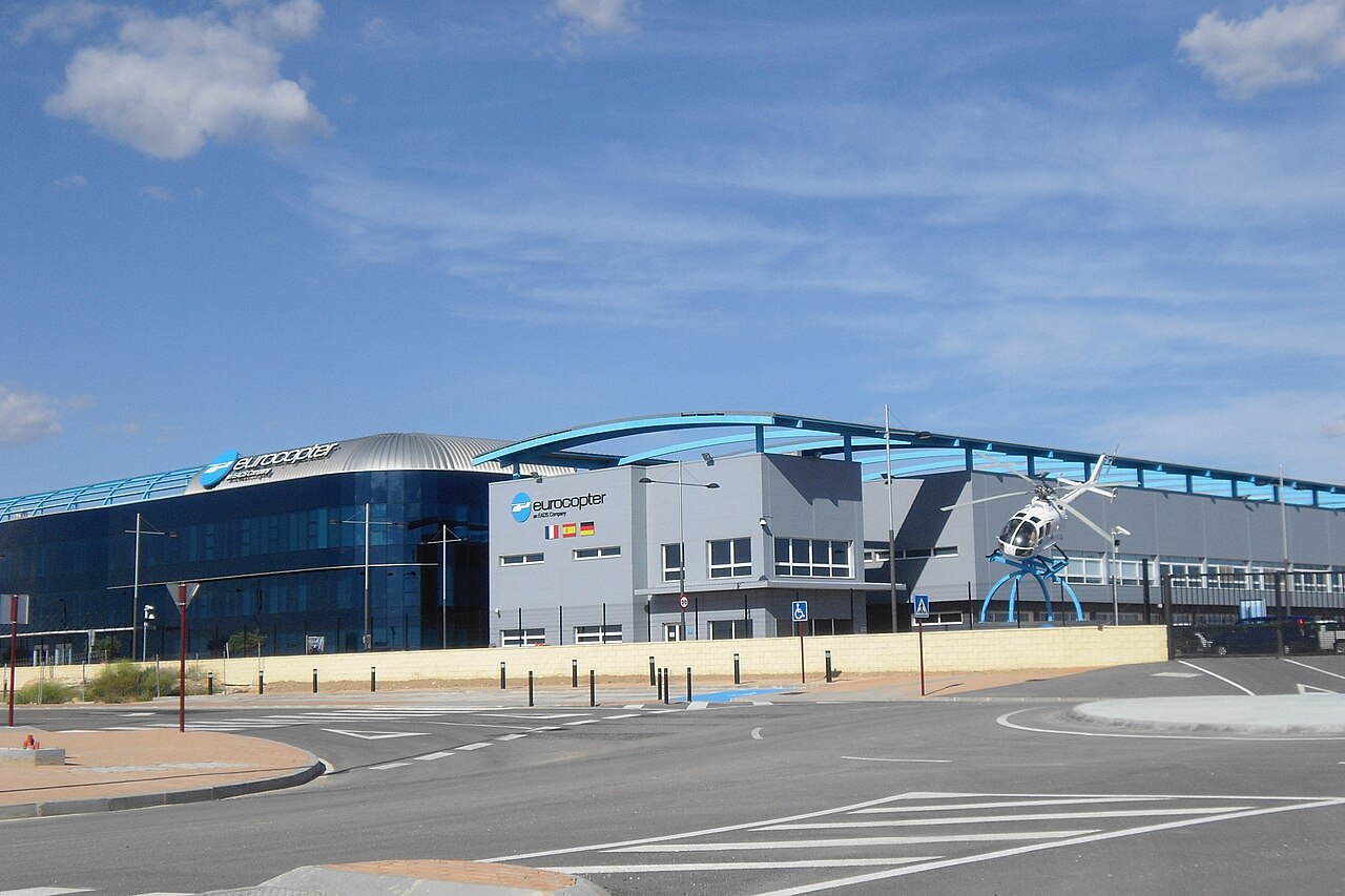 Industrial building of the Albacete helicopter factory seen from outside.