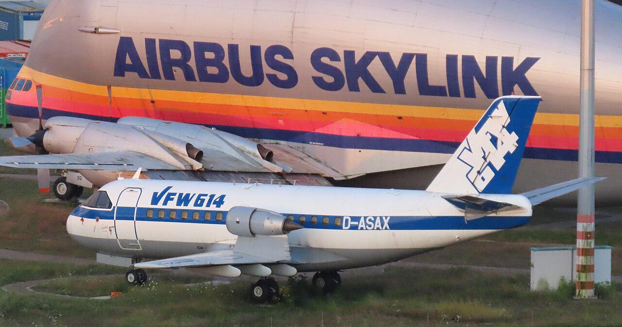 Airbus plant at Finkenwerder with a Super Guppy parts transporter parked outside.