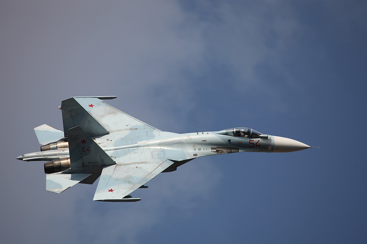 A Sukhoi Su-27 fighter in flight during an air display.