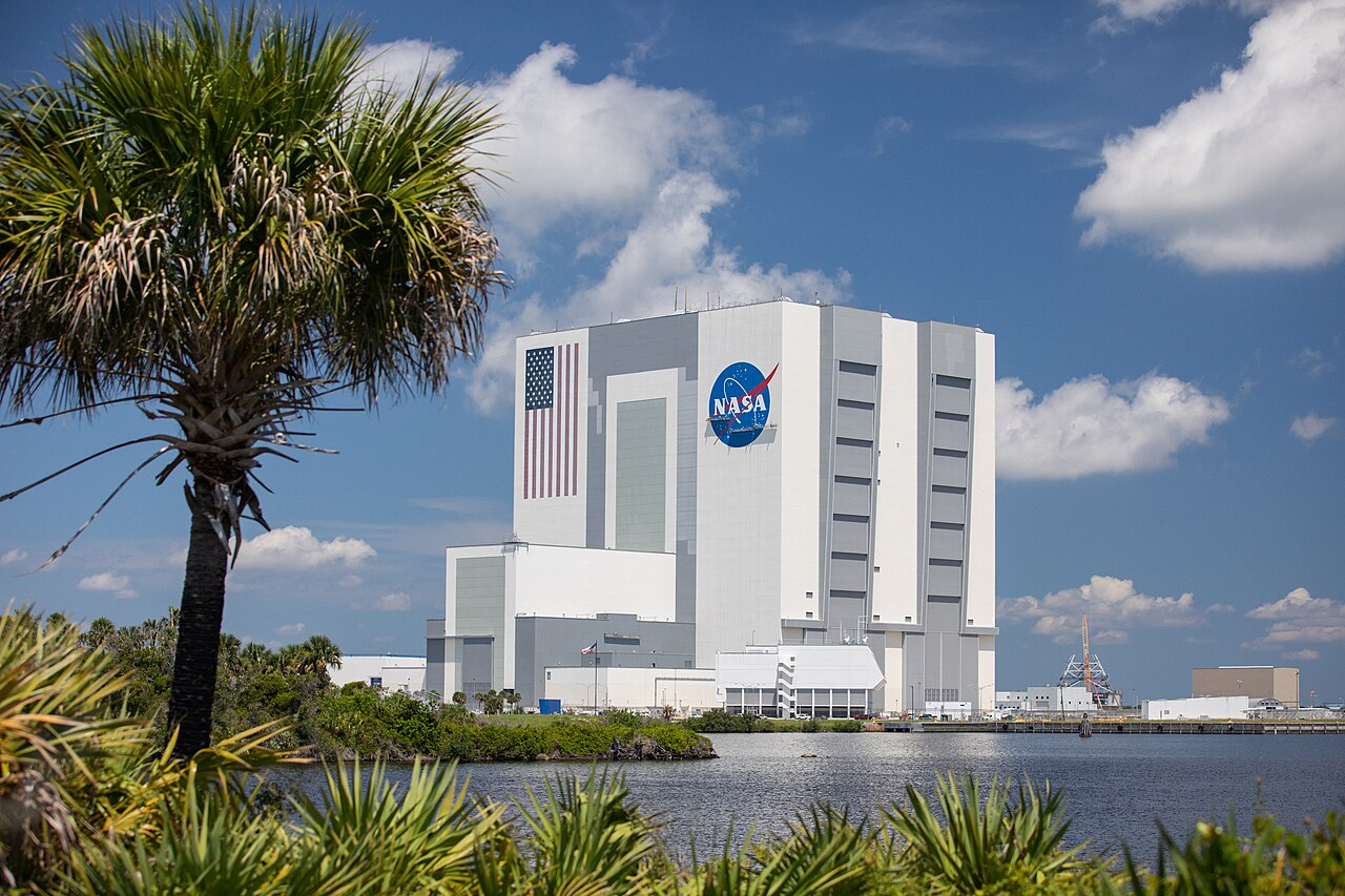 The Vehicle Assembly Building at Kennedy Space Center seen from outside.