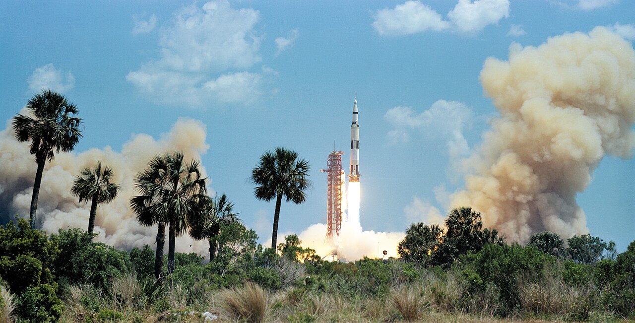 The Saturn V rocket of the Apollo 16 mission lifts off from Launch Pad 39A.