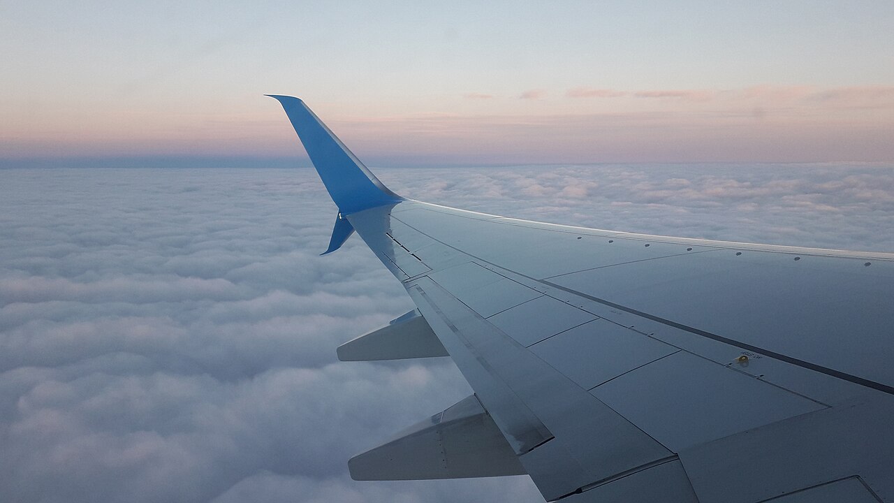 Aircraft wing above a sea of clouds seen from the cabin window.