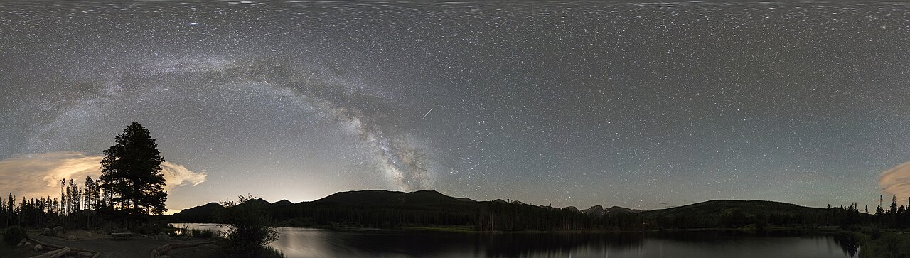 Panorama of the starry sky above a mountain horizon.