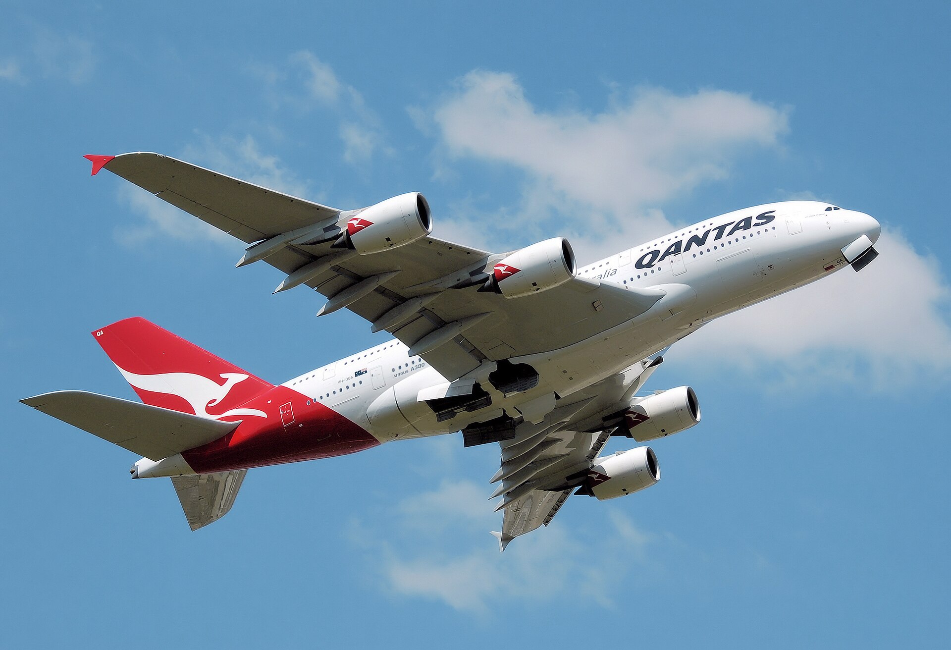 Qantas Airbus A380 taking off from Heathrow